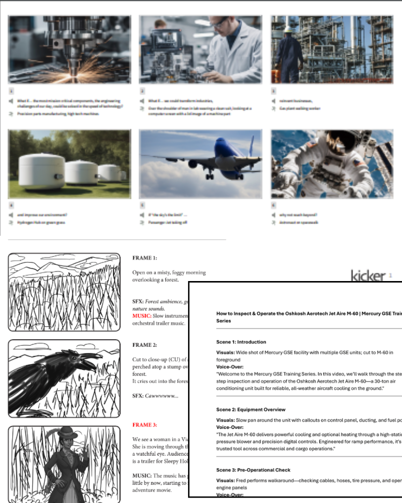 Storyboards, script pages and visual concept development materials for a B2B video project