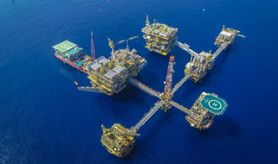 Aerial drone view of an offshore oil and gas platform
