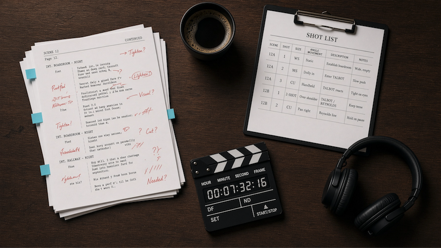 Marked-up video script pages beside a shot list, clapperboard and headphones